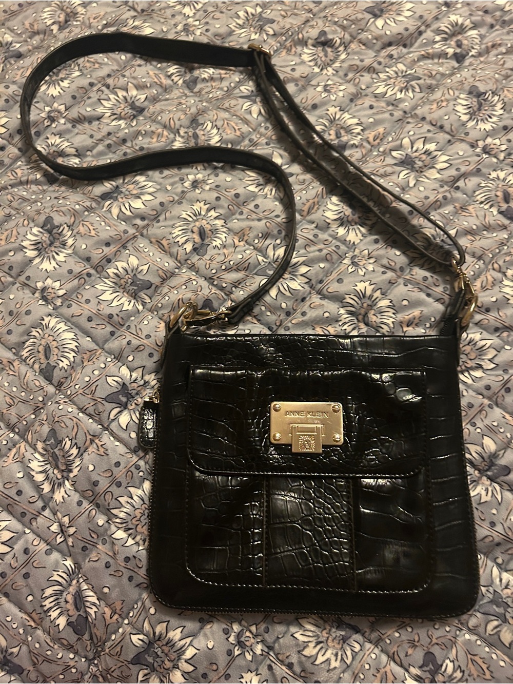 Anne Klein Black Croc-Embossed Crossbody with Gold Plaque